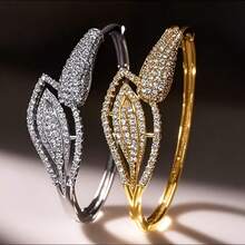 1pc 18K Gold Plated Copper Bracelet With Rhinestones, Elegant & Luxurious Leaf Design, Suitable For Daily Wear And Party Occasions - Multicolor - View 2