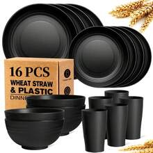 [Unbreakable Dinnerware Set] 16pcs Unbreakable Wheat Straw Dinnerware Set | Service For 4, Large Size Modern Dish Set-Plate/Dessert Plate/Bowl/Cup, Dishwasher, Lightweight Tableware, Perfect For Camping, Everyday Use & Gifts For Men - 黑色 - 查看 3