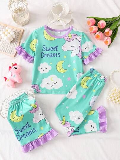 New Girls Pajama Set, Unicorn Print Children's 3 PiecesSleepwear Set, Round Neck Ruffle Trim Short Sleeve Girls Nightgown, Comfortable Casual Loungewear