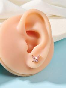 1pc Gold Plated Earring, 20g, Multi-Element Design With Heart, Butterfly, Flower, Star, Cross Shapes, Inlaid Zirconia, Valentine's Day Gift - Gold - View 12