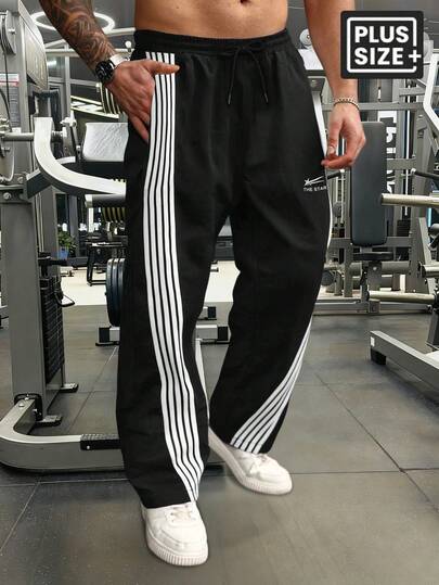 OMNIVOLUME Plus Size Herr Raka Ben Lös Passform Randiga Avslappnade Träningsbyxor