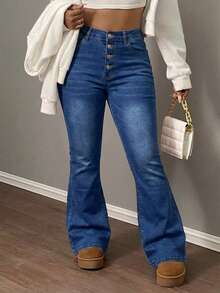 Women's Mid Waisted Button Fly Flare Jeans Stretch Denim Bell Bottom Pants Slim Fit Y2K Vintage Trousers - 深色水洗藍 - 查看 4