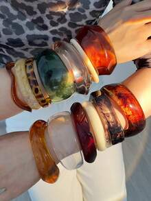 复古优雅古铜币风格随机25/21/19/16/11/8/4/1件 时尚别致金属树脂多元素仿古风格彩色扎染透明棕色蓝色绿色白色豹纹厚树脂手镯套装 - 彩色 - 查看 2