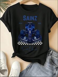 F1 Racing T-Shirt, Unisex Crew Neck VER 1 Print Short Sleeve Tee, Motorsport Racing Stripe Checkered Accent Casual Top, Sporty Style Machine Washable Shirt, Perfect For 4th Of July, Memorial Day, Labor Day, Father's Day, Back To School, Daily Wear, Race Day, Fan Gatherings, Birthday Gift For Son, Boyfriend, Dad, Niece, Spring Summer Outfits, Motorsport F1 Fan Apparel - 黑色 6 - 查看 1