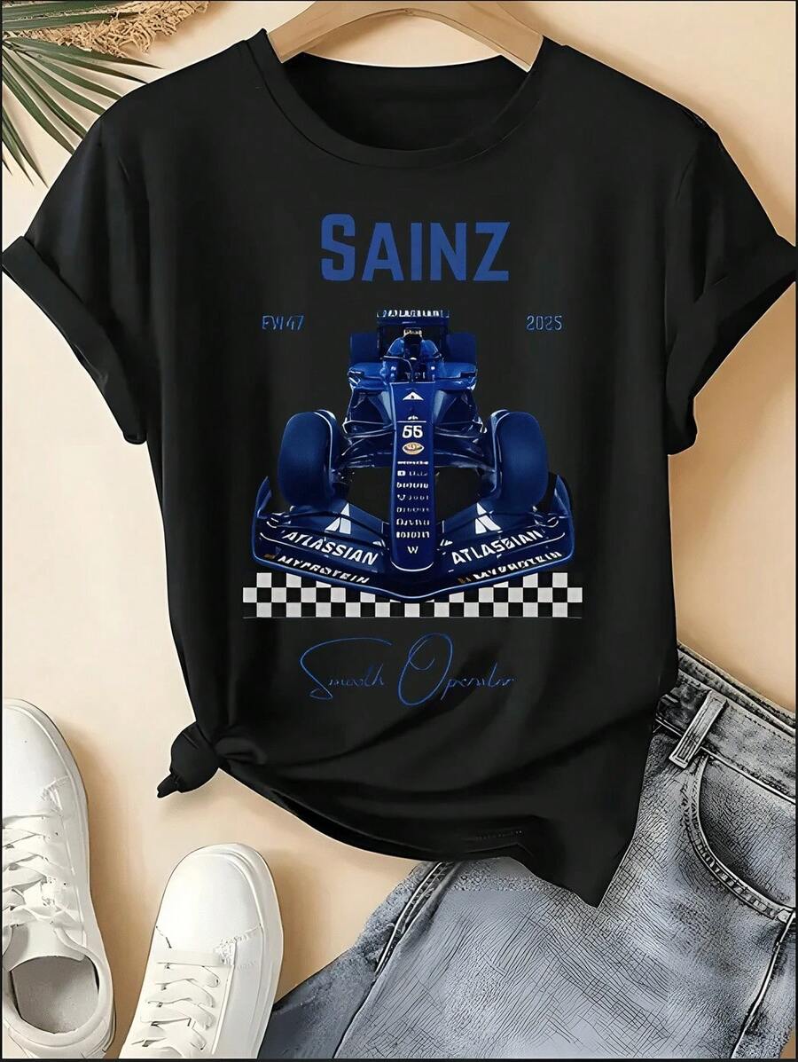 F1 Racing T-Shirt, Unisex Crew Neck VER 1 Print Short Sleeve Tee, Motorsport Racing Stripe Checkered Accent Casual Top, Sporty Style Machine Washable Shirt, Perfect For 4th Of July, Memorial Day, Labor Day, Father's Day, Back To School, Daily Wear, Race Day, Fan Gatherings, Birthday Gift For Son, Boyfriend, Dad, Niece, Spring Summer Outfits, Motorsport F1 Fan Apparel - 黑色 6 - 查看 1