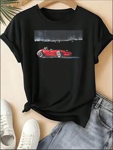 F1 Racing T-Shirt, Unisex Crew Neck VER 1 Print Short Sleeve Tee, Motorsport Racing Stripe Checkered Accent Casual Top, Sporty Style Machine Washable Shirt, Perfect For 4th Of July, Memorial Day, Labor Day, Father's Day, Back To School, Daily Wear, Race Day, Fan Gatherings, Birthday Gift For Son, Boyfriend, Dad, Niece, Spring Summer Outfits, Motorsport F1 Fan Apparel - 黑色 14 - 查看 11