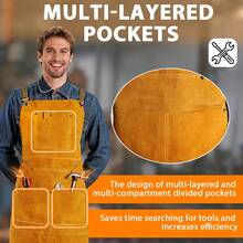 Multi-Functional Cowhide Welding Heat Insulation Apron, Wear-Resistant And Anti-Scald, Electric Welding Blacksmith Tool Storage Apron