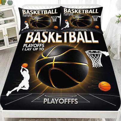 3pcs Basketball Theme Bedding Set (1 Fitted Sheet + 2 Pillowcases): Made Of Polyester Fiber, Basketball Fan Boys' Bedroom / Student Dormitory Bedding, Sports Style Soft Furnishing For Teenagers