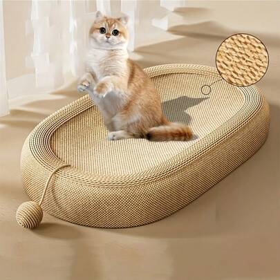 Large Oval Sisal Cat Scratching Post, Durable Cat Scratch Pad With Sisal Toy Ball, No Assembly Required, Suitable For All Seasons, Great For Cats To Play And Sleep