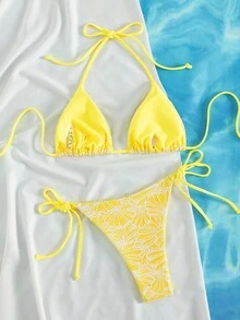 PEPPERMOLLY 新款柔软面料蓝色吊带露背性感派对比基尼套装，夏季沙滩时尚女士比基尼度假 - 黃色-1 - 查看 2