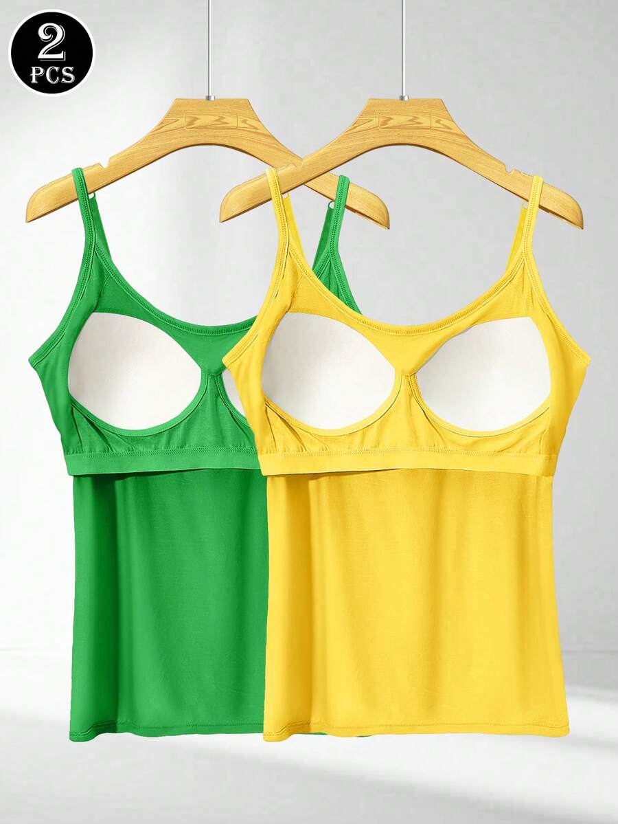 2pcs Women Camisole Tops, Versatile Layering Vest, Built-In Padded Adjustable Strap Innerwear, Suitable For Women All Seasons - Multicolor - View 1