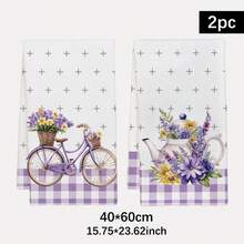 2pcs Purple Floral & Bicycle Pattern Kitchen Towels, 40*60cm Soft Microfiber Material Dish Cloths, Suitable For Home, Kitchen, Restaurant, Outdoor Camping, Durable Cooking Baking Tea Towels, Great Gift