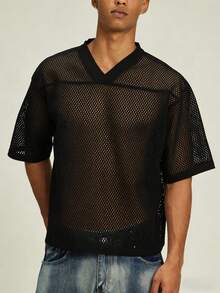 1PCS Summer Boxy Fit Crochet T-Shirt Men's 100% Polyester Mesh Jersey, Casual Urban Oversized Streetwear High-Quality V Neck Short-Sleeved Fashion Breathable Men Sexy Summer See Through Top Tee - 黑色 - 查看 9