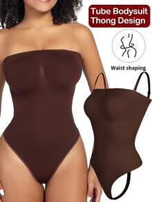 Women Strapless Tummy Control Smooth Full Body Shaper Bodysuit Shapewear Tube Tank Tops - Brown - View 1