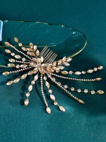 1 pieza Peineta lateral elegante para novia, accesorio para el cabello con cristales y rhinestones para boda, fiesta, regalo de festival - Champán - Ver 3