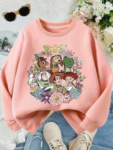 Disney Toy Story, Wreath Pattern Print, Autumn And Winter Children's Round-Neck Sports Hoodie, Suitable For Girls' Daily Commuting, School And Casual Sportswear. Long-Sleeved Tops Are Suitable For Holiday Parties, Outdoor Activities And Travels - 粉色 - 查看 1