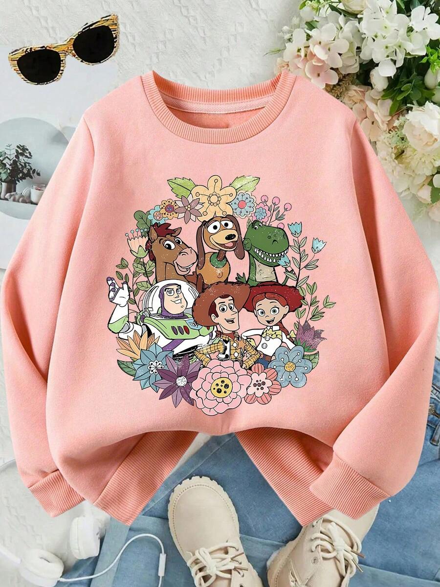 Disney Toy Story, Wreath Pattern Print, Autumn And Winter Children's Round-Neck Sports Hoodie, Suitable For Girls' Daily Commuting, School And Casual Sportswear. Long-Sleeved Tops Are Suitable For Holiday Parties, Outdoor Activities And Travels - 粉色 - 查看 1