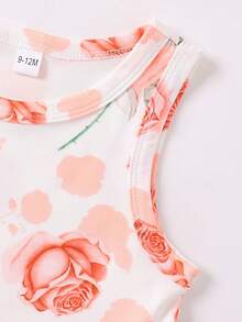 Baby Girls' Casual Cute Rose Flower Print Round Neck Sleeveless Dress, Summer - Pink - View 4
