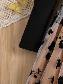 Váy thu mới cho bé gái 8-12 tuổi, váy lưới chắp vá cổ chữ V tay bồng kiểu Pháp có thắt lưng, thích hợp mặc đi học, tiệc sinh nhật, mặc hàng ngày - màu đen - Xem 7