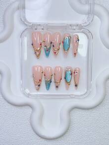 10片装Y2K美甲尖头按压式美甲套装 - 手工制作，粉色美甲，蓝色美甲，蓝色猫眼法式美甲，手绘蓝色猫眼图案和3D金色图案设计，闪亮彩色水钻美甲，精致优雅美甲用品 - 彩色 - 查看 1