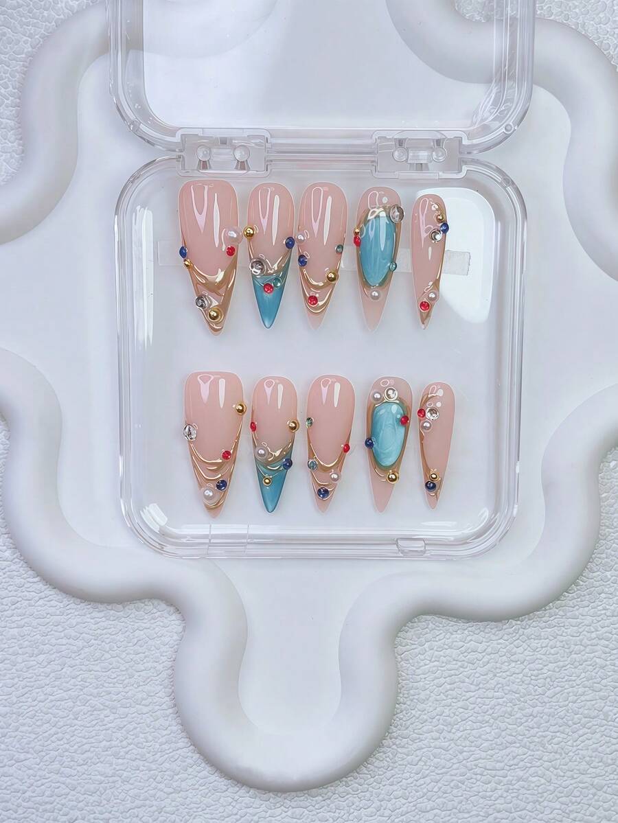 10片装Y2K美甲尖头按压式美甲套装 - 手工制作，粉色美甲，蓝色美甲，蓝色猫眼法式美甲，手绘蓝色猫眼图案和3D金色图案设计，闪亮彩色水钻美甲，精致优雅美甲用品 - 彩色 - 查看 1