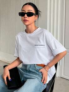 T-Shirt With "Perseverance" Print Lettering. Minimalist, Casual, Modern, Sophisticated, Simple, Basic, Summer, Oversized. - White - View 6
