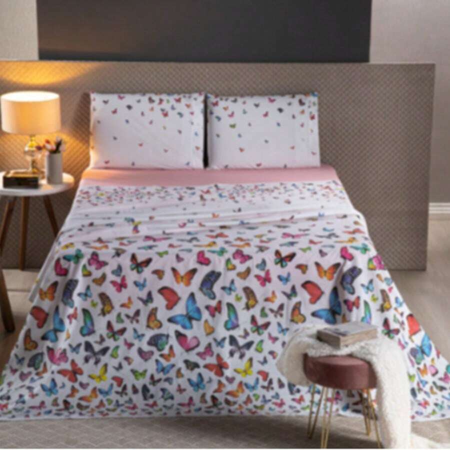 Cotton Sheet Set 4 Pieces Single Double Queen King - Colorful Butterfly - View 1