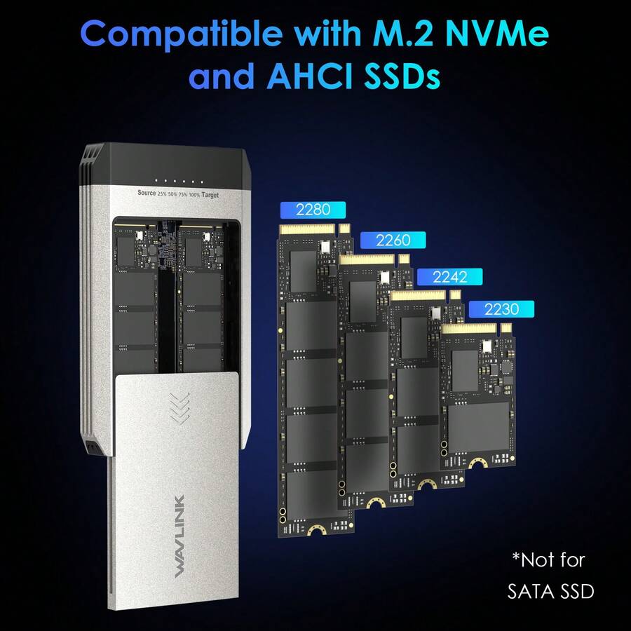 WAVLINK M.2 SSD Cloner,20Gbps NVMe Cloner Dual-Bay SSD Enclosure,Tool-Free M.2 Duplicator For SSDs PCIe Sizes 2230/2242/2260/2280,Supports Offline Clone,Compatible With NVMe And AHCI,Up To 8TB