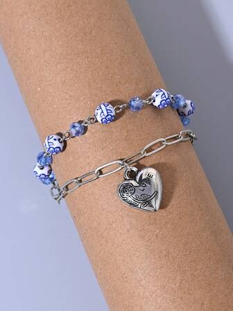  1pc Retro Bohemian Style Heart & Floral Beaded Double Layer Bracelet, Chinese Style Accessories Suitable For Women Everyday Wear, Great Gift For Valentine's Day