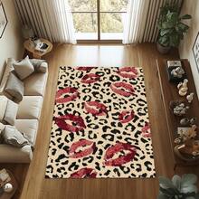 1pc Leopard Print Rug, Red Lips Rug, Pop Art Rug, Bold Statement Area Rug, Funky Living Room Decor, Animal Print Rug, Glamorous Home Rug, 84*60inch,Perfect Choice For Christmas ,Stylish And High-Quality Rugs, Perfect For Christmas Decorations And GiftsHome Decor, The Best Choice For Gothic-Style Birthday Gifts - Multicolor - View 3