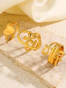 3pcs Minimalist Versatile 18K Gold Plated Stainless Steel Geometric Heart Flower Oval Ring Set, Elegant Fashion Suitable For Women Daily, Festival, Party, Holiday, Date, Gift, Valentine's Day, Luxury Ring Set - Multicolor - View 9
