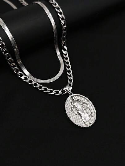 1pc Vintage Portrait Stainless Steel Pendant Necklace, Unique Personalized Accessory, Layered Necklace For Men, Suitable As Birthday Gift