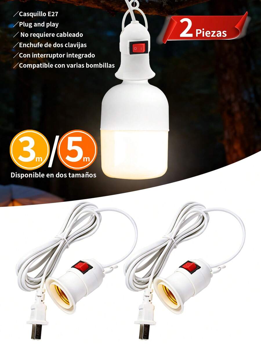 2 Piezas Extensión Eléctrica Socket Switch 5m/3m Portalámpara E27, Rosca para Lámparas Colgantes, Ventanas de Techo,Casquillo de Luz Interior/Industrial de Alta Resistencia con Interruptor, Lámparas de Mesa,Construcción Duradera.