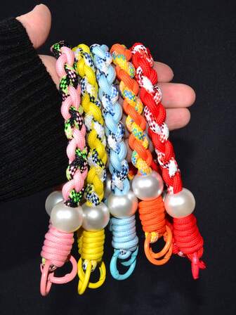 1pc Creative Double Bead Handmade Woven Colorful Wrist Strap, Durable Outdoor Travel Anti-Lost Phone Lanyard, Keychain Earphone Camera Bag Universal Wrist Strap, High-End Pearl Chain Anti-Drop Hanging Rope For Women