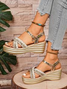 Women's Gold Wedge Sandals, Thick Sole Open Toe Casual High Heel Buckle Strap Fashion Roman Shoes - Gold - View 4