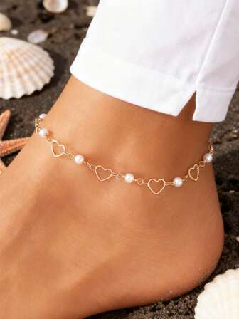 1ชิ้น กำไลข้อเท้าดีไซน์รูปหัวใจกลวงไข่มุกเทียมเรียบง่ายทันสมัย เหมาะสำหรับใส่ในชีวิตประจำวันของผู้หญิง, ชายหาด, วันหยุด