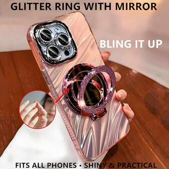 Glitter Ring Holder With Mirror For Universal For All Smartphones - Shiny Phone Grip Stand, Fashionable Bling Ring Mount, Universal Phone Accessory