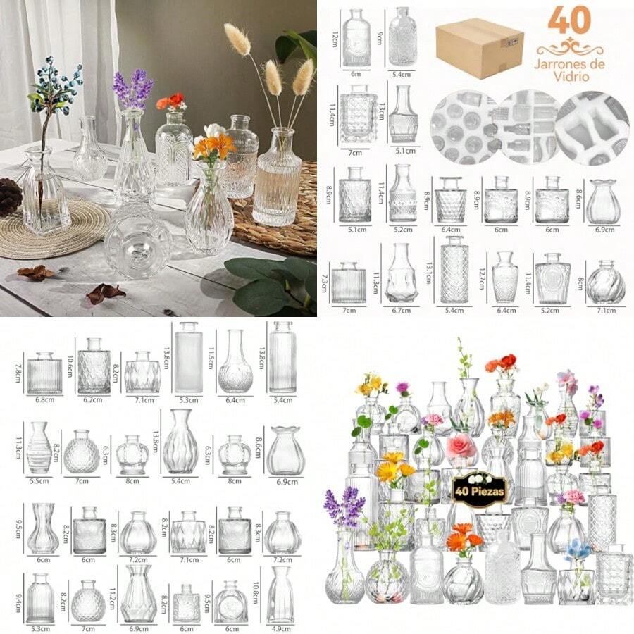 Juego de 40 Jarrones de Vidrio Transparentes para Centros de Mesa Floreros Decorativos para Mesa con Diseño Clásico Floreros de Cristal para Bodas/Eventos/Hogar 40 Transparente - Transparente - Ver 1