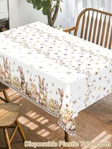 1 pieza Mantel de Pascua, 220x130cm, Mantel desechable de plástico con patrón de huevos de Pascua de color café, conejos y polluelos, Mantel rectangular floral de primavera con conejos, adecuado para la decoración de la mesa de cocina y comedor del hogar en Pascua, Suministros para fiestas de Pascua - Multicolor - Ver 9