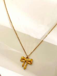 1pc Stainless Steel Waterproof Non-Fading Cute Small Bow Pendant Necklace, Suitable For Women's Daily Wear - Gold - View 4