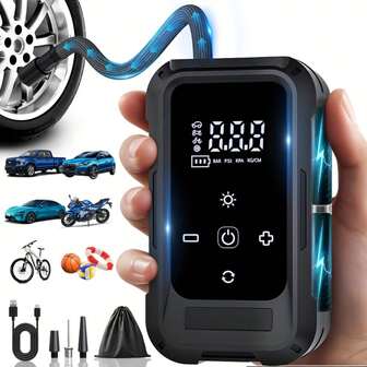 Tire Inflator, Portable Air Compressor - Car Accessories 150 PSI Cordless Handheld Car Air Pump With Built-In LED Light Upgraded Model With EVA Storage Case 7.4V/DC12V 1300mAh Lithium-Ion Battery Suitable For Cars/Motorcycles/Bicycles/Basketballs Essential Car Accessory/Gift