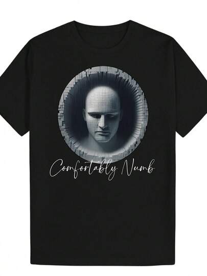 Camiseta gráfica casual de verano para hombres - Camiseta de poliéster ligera con cuello redondo, impresión de arte urbano y texto "Comfortably Numb", lavable a máquina, ajuste regular para atuendo casual, ropa transpirable, camiseta con impresión artística, tela cómoda
