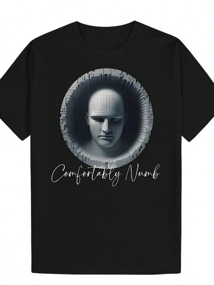 Camiseta gráfica casual de verano para hombres - Camiseta de poliéster ligera con cuello redondo, impresión de arte urbano y texto "Comfortably Numb", lavable a máquina, ajuste regular para atuendo casual, ropa transpirable, camiseta con impresión artística, tela cómoda - Negro - Ver 1