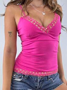 Áo hai dây ren ôm sát người, màu trơn, kiểu dáng Y2K, dây mảnh, hở lưng, gợi cảm, phong cách đường phố, thích hợp cho lễ tốt nghiệp, đi biển mùa hè, hẹn hò, lễ hội âm nhạc, ngày Quốc khánh 4 tháng 7 và nhiều dịp khác. - Màu Hồng Tươi - Xem 6