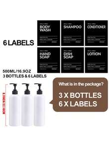 2/3 piezas Botellas dispensadoras de plástico recargables de 500ml con 6/8/12 etiquetas, aptas para jabón de platos/champú/jabón de manos/acondicionador/loción/gel de baño/limpiador facial, se pueden usar como regalos o decoraciones navideñas