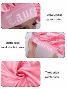 1pc Satin Sleep Cap, 12 Zodiac Patterns, Customizable, Wide Elastic Design, Suitable For Sleeping Wear - Coral Pink - View 11