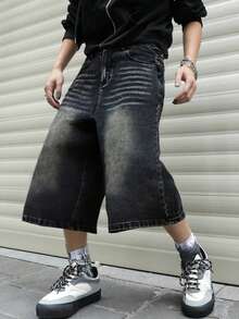 1 Stück amerikanische High-Street gewaschene, abgenutzte schwarze weite Bermuda Jeans-Shorts (Gürtel und Zubehör nicht enthalten)