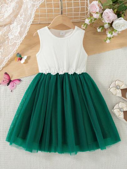 Girls' Casual Solid Color Sleeveless Knee-Length Dress With 3D Floral Decor And Mesh Hem, Summer