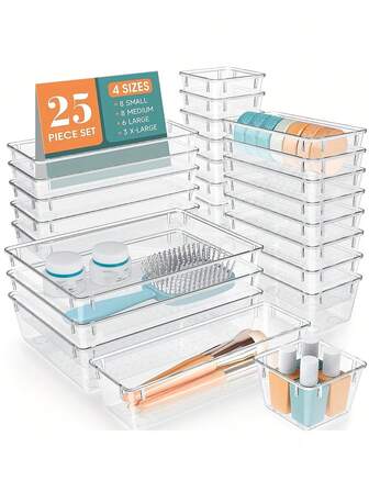 18개 서랍 정리함 세트, 투명 보관 상자, 7가지 크기 트레이, 브러쉬, 보석, 립스틱, 화장품용 다양한 칸막이, 소형 도구, 식기류 다용도, 화장대, 사무실 서랍, 욕실 화장대에 적합