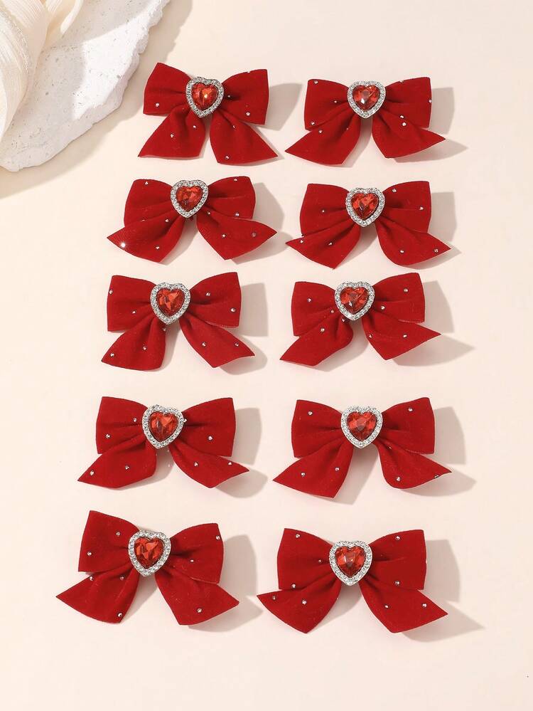 5pcs/10pcs Girls Red Rhinestone Heart & Bow Hair Clips Set, Suitable For New Year Decoration And Daily Wear - Red - View 2